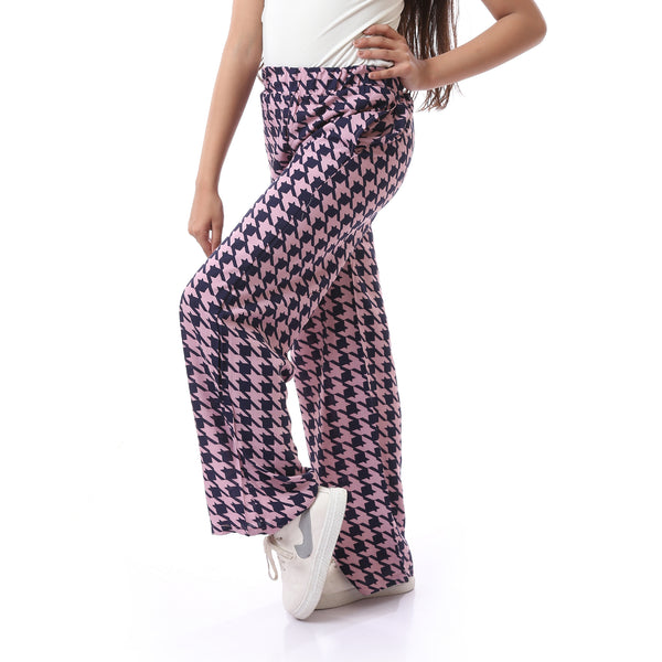 Houndstooth Patterned Girls Pants With Side Pockets - Cashmere & Navy Blue