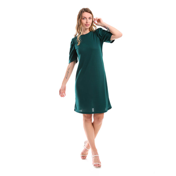 Puff Short Sleeves Patterned Dress - Green