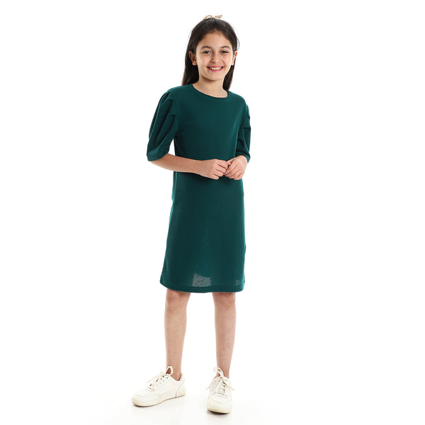 Girls Plain Round Neck Puff Short Sleeves Dress - Green