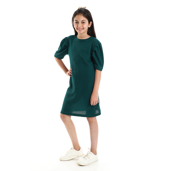 Girls Plain Round Neck Puff Short Sleeves Dress - Green
