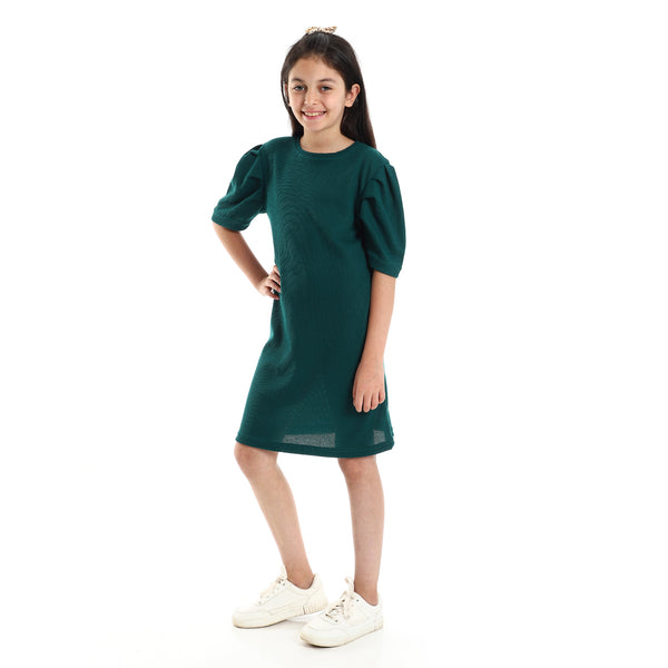 فستان بناتي بياقة دائرية وأكمام قصيرة منفوخ - أخضر