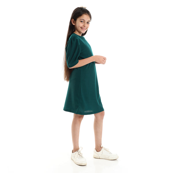 Girls Plain Round Neck Puff Short Sleeves Dress - Green