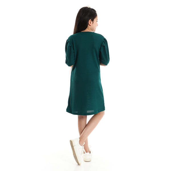 Girls Plain Round Neck Puff Short Sleeves Dress - Green