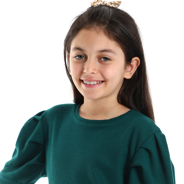 Girls Plain Round Neck Puff Short Sleeves Dress - Green