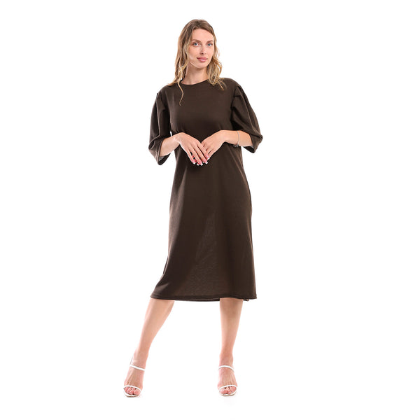 Short Sleeves Standard Fit Dress - Brown