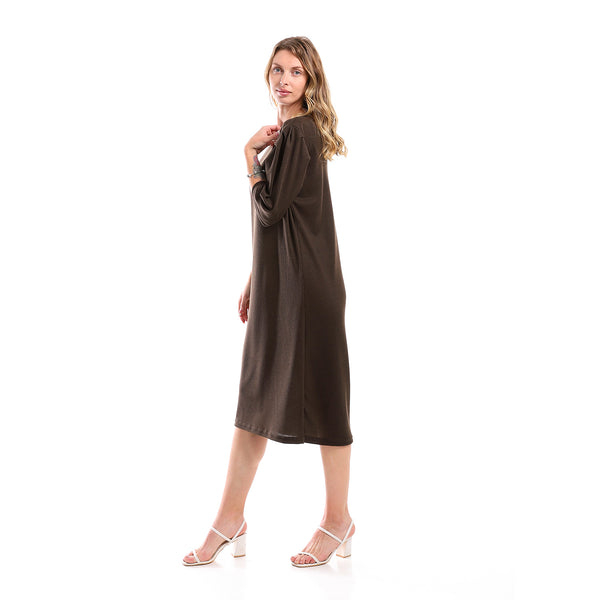Short Sleeves Standard Fit Dress - Brown