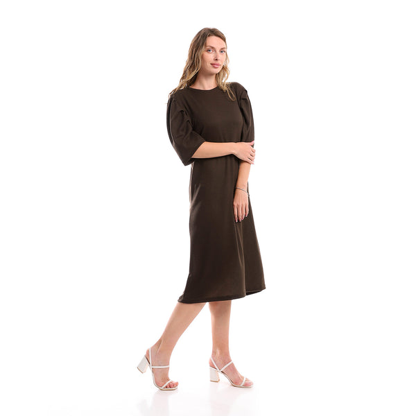 Short Sleeves Standard Fit Dress - Brown