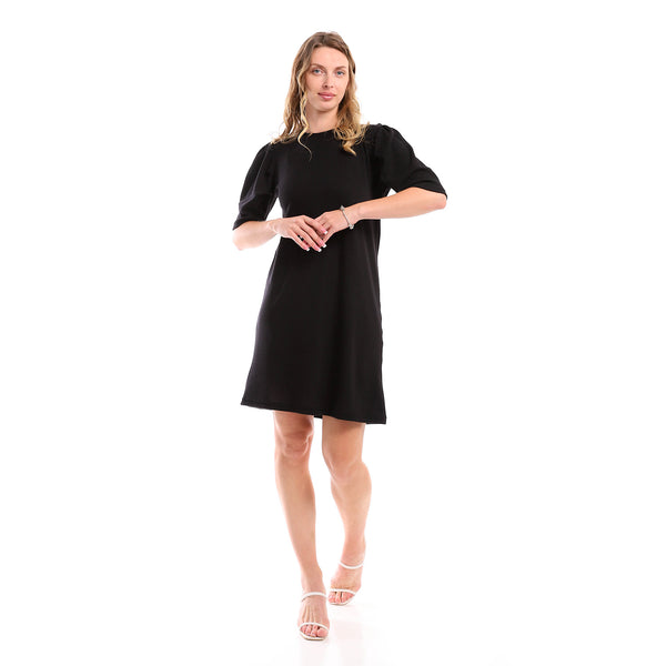 Self Pattern Puff Short Sleeves Dress - Black