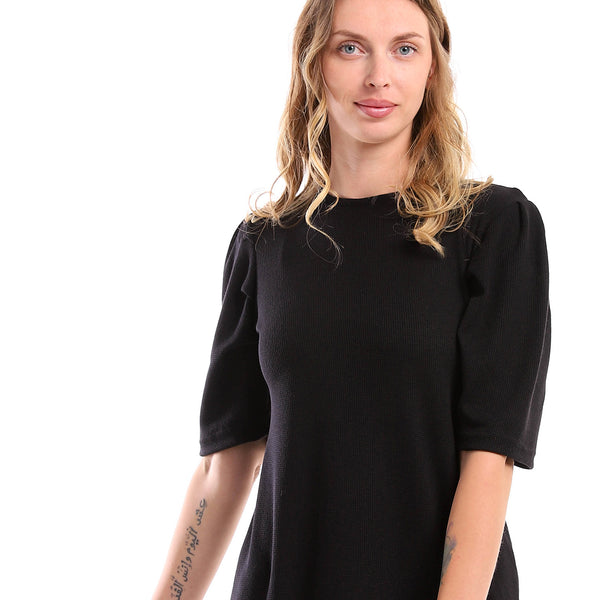 Self Pattern Puff Short Sleeves Dress - Black