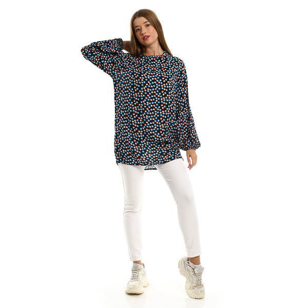 Slip On Lightweight Blouse with Round Neck - Black, Orange & Blue