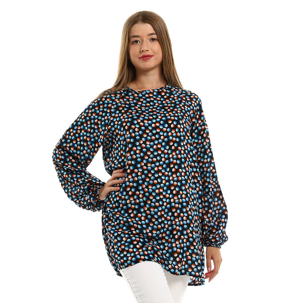 Slip On Lightweight Blouse with Round Neck - Black, Orange & Blue