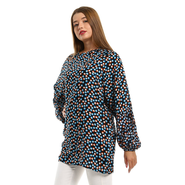 Slip On Lightweight Blouse with Round Neck - Black, Orange & Blue