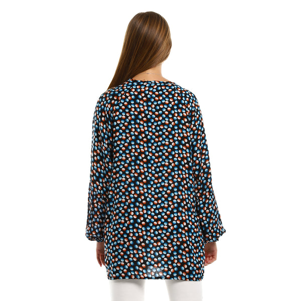 Slip On Lightweight Blouse with Round Neck - Black, Orange & Blue