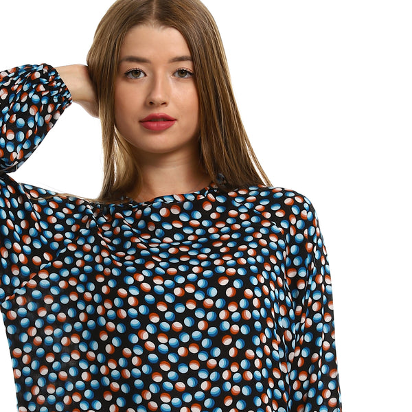 Slip On Lightweight Blouse with Round Neck - Black, Orange & Blue