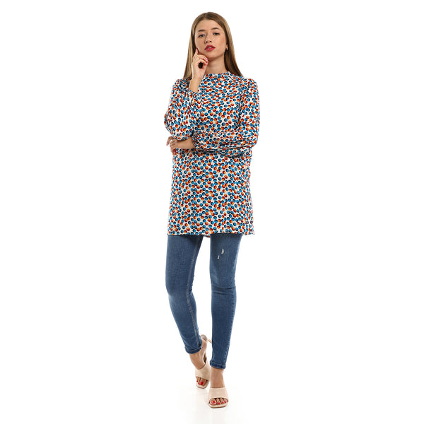 Balloon Sleeves Dotted Blouse - White, Orange & Blue