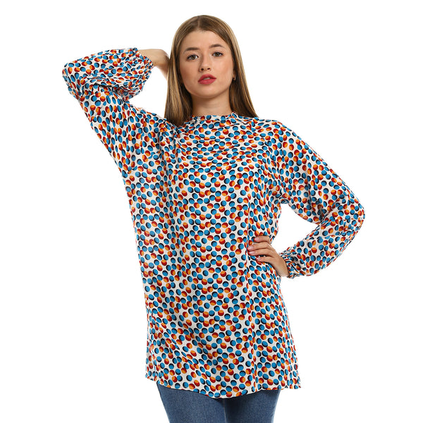 Balloon Sleeves Dotted Blouse - White, Orange & Blue