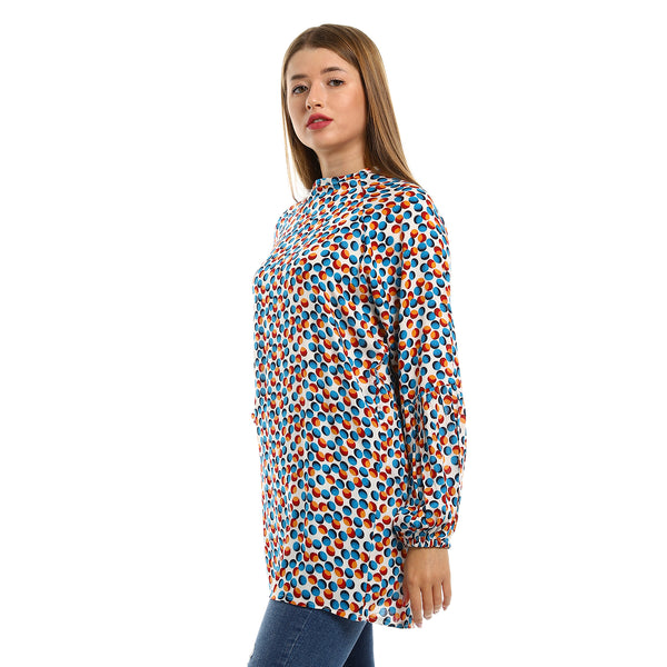 Balloon Sleeves Dotted Blouse - White, Orange & Blue