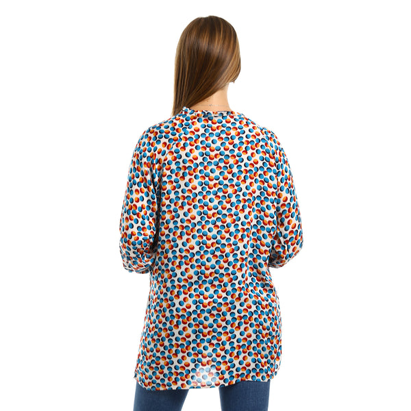 Balloon Sleeves Dotted Blouse - White, Orange & Blue