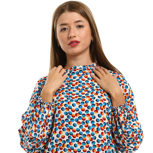 Balloon Sleeves Dotted Blouse - White, Orange & Blue