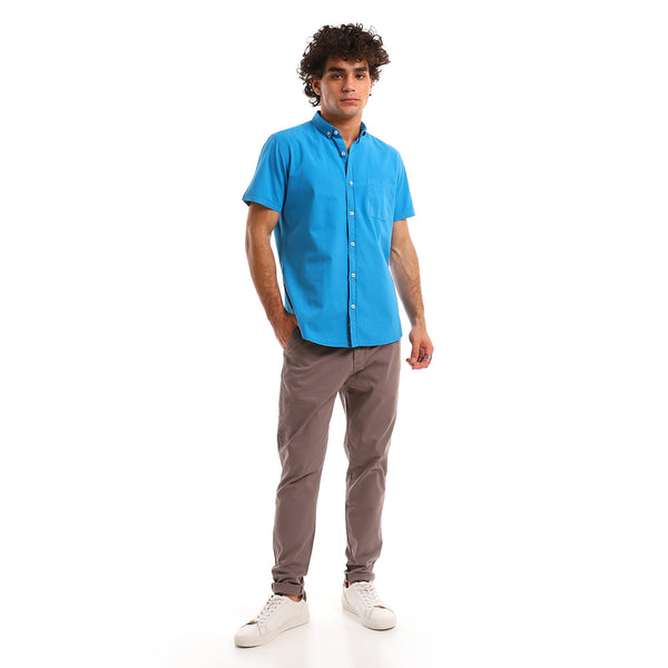 Turn Down Collar Short Sleeves Shirt With Front Pocket