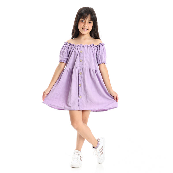 Girls Elastic Sleeves & Off Shoulders Dress with Decorative Buttons - Lavender