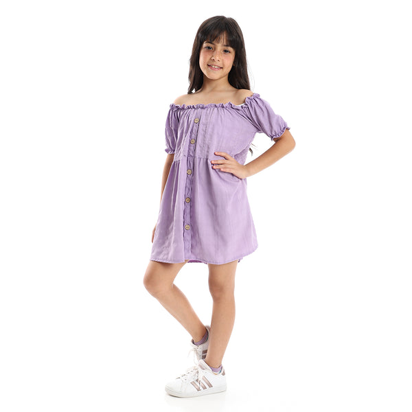 Girls Elastic Sleeves & Off Shoulders Dress with Decorative Buttons - Lavender