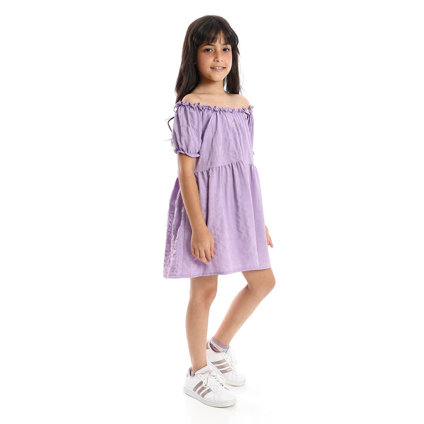 Girls Elastic Sleeves & Off Shoulders Dress with Decorative Buttons - Lavender