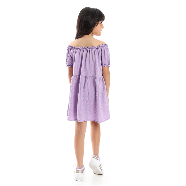 Girls Elastic Sleeves & Off Shoulders Dress with Decorative Buttons - Lavender