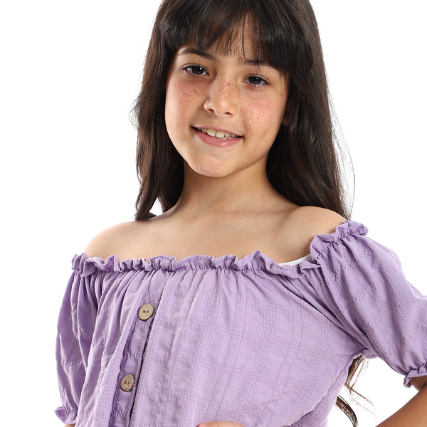 Girls Elastic Sleeves & Off Shoulders Dress with Decorative Buttons - Lavender