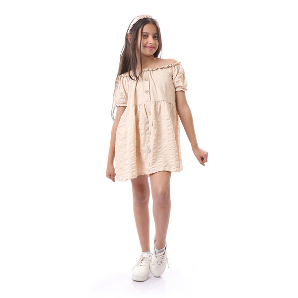 Off Shoulder Plaid Girls Dress With Decorative Buttons - Beige