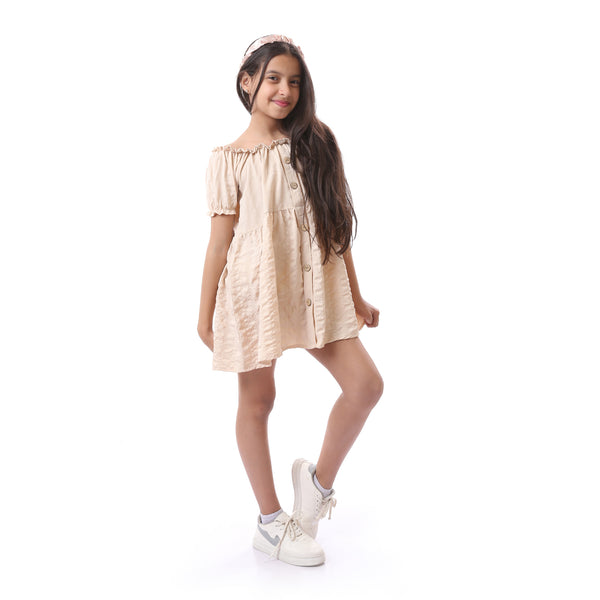 Off Shoulder Plaid Girls Dress With Decorative Buttons - Beige