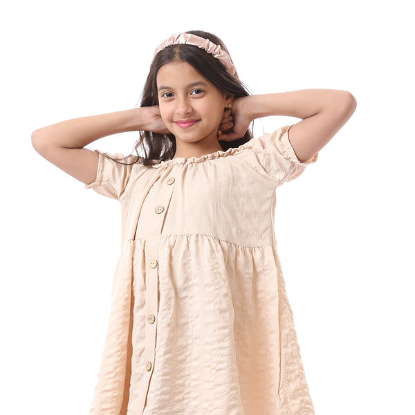 Off Shoulder Plaid Girls Dress With Decorative Buttons - Beige