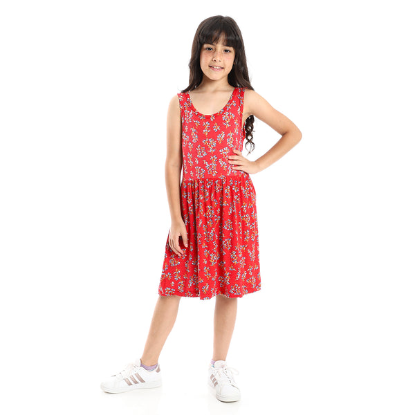 Girls Soft & Comfy Sleeveless Floral Dress - Red