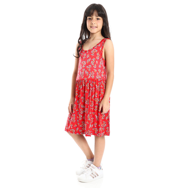 Girls Soft & Comfy Sleeveless Floral Dress - Red