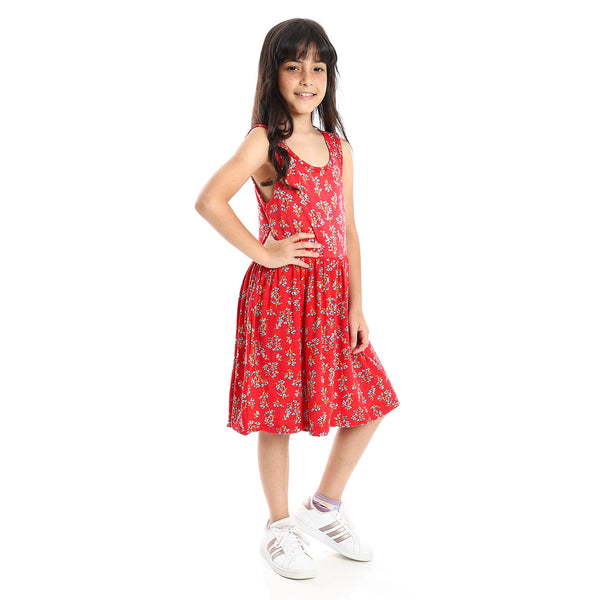 Girls Soft & Comfy Sleeveless Floral Dress - Red