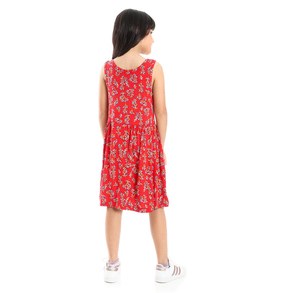 Girls Soft & Comfy Sleeveless Floral Dress - Red