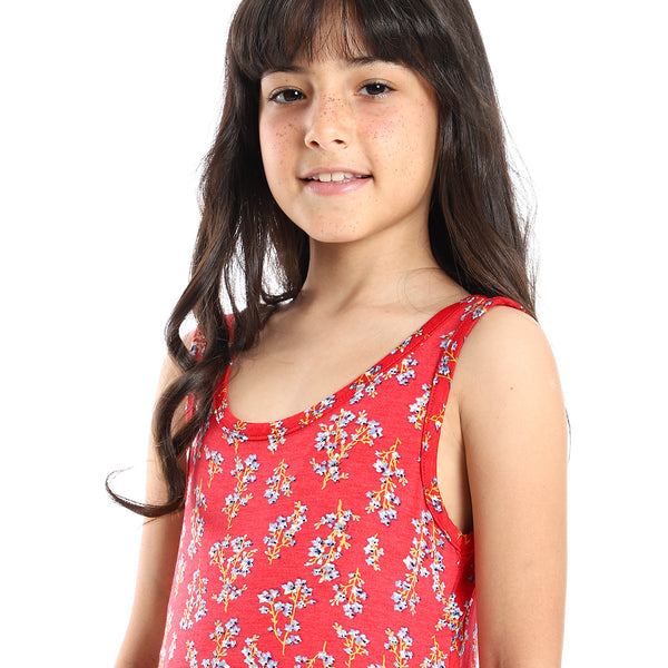 Girls Soft & Comfy Sleeveless Floral Dress - Red