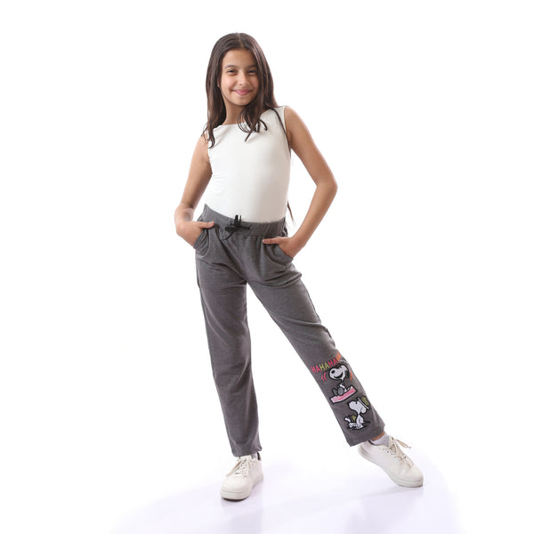 Girls Printed "Snoopy" Cotton  Sweatpants - Heather Dark Grey