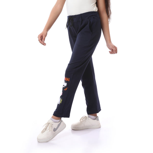 Girls Casual Elastic Waist With Drawstring Sweatpants - Navy Blue