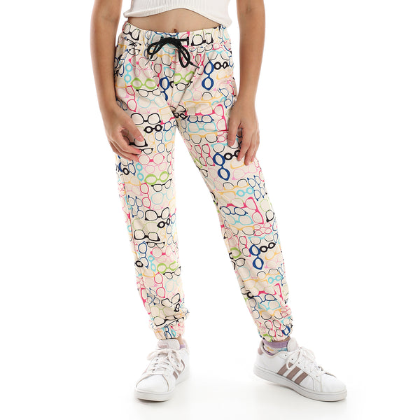 Girls Colorful Sunglasses Slip On Printed Joggers - Light Beige