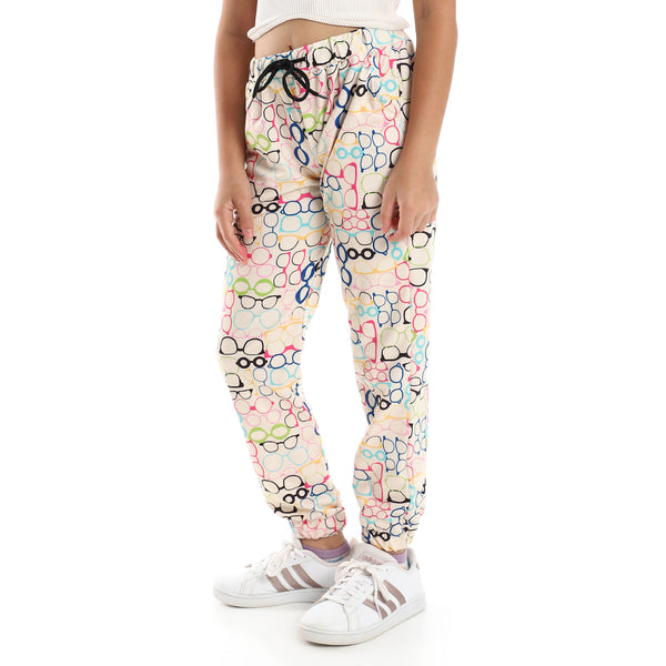 Girls Colorful Sunglasses Slip On Printed Joggers - Light Beige