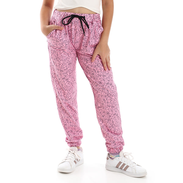 Girls Multi-Patterned Joggers with Side & Back Pockets - Pink