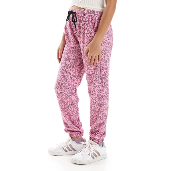 Girls Multi-Patterned Joggers with Side & Back Pockets - Pink