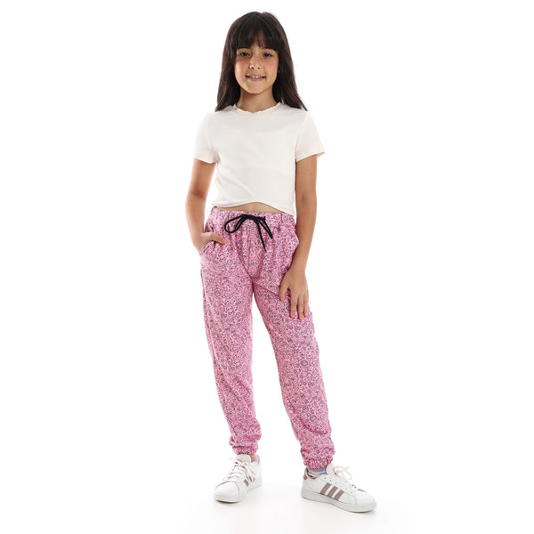 Girls Multi-Patterned Joggers with Side & Back Pockets - Pink