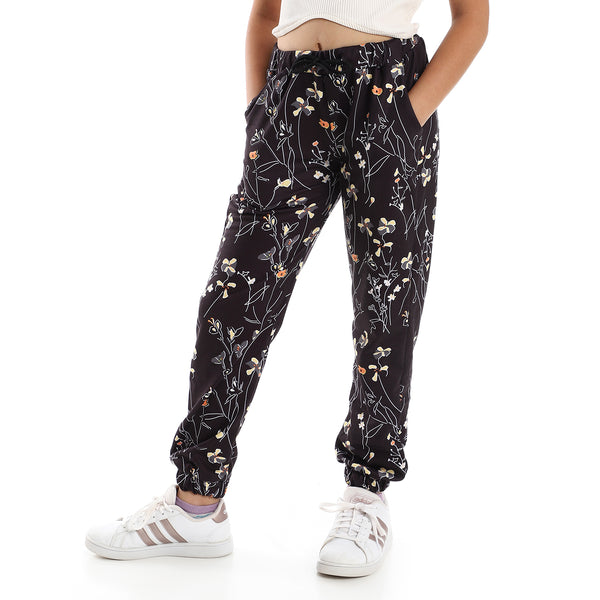 Girls Floral Slip On Sweatpants with Functional Pockets - Black