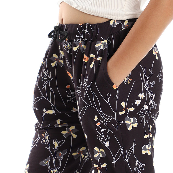 Girls Floral Slip On Sweatpants with Functional Pockets - Black