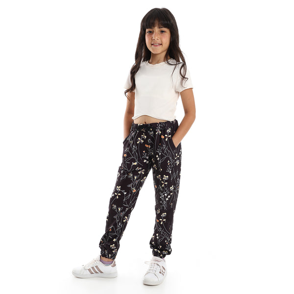 Girls Floral Slip On Sweatpants with Functional Pockets - Black