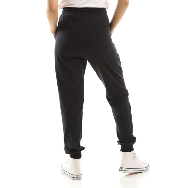 Black Solid Elastic Waist With Drawstring Pants