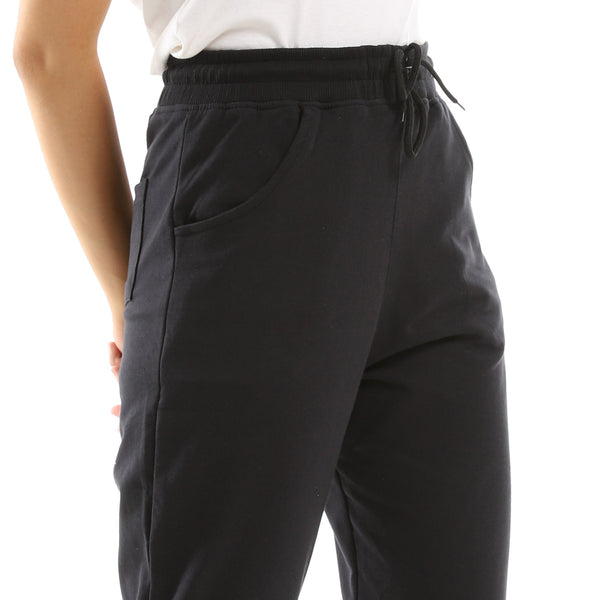 Black Solid Elastic Waist With Drawstring Pants