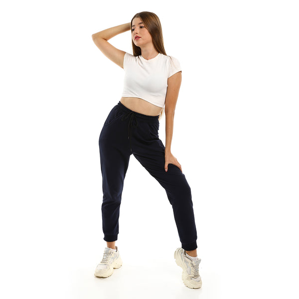 Everyday Slip On Comfy High Waist Joggers - Navy Blue